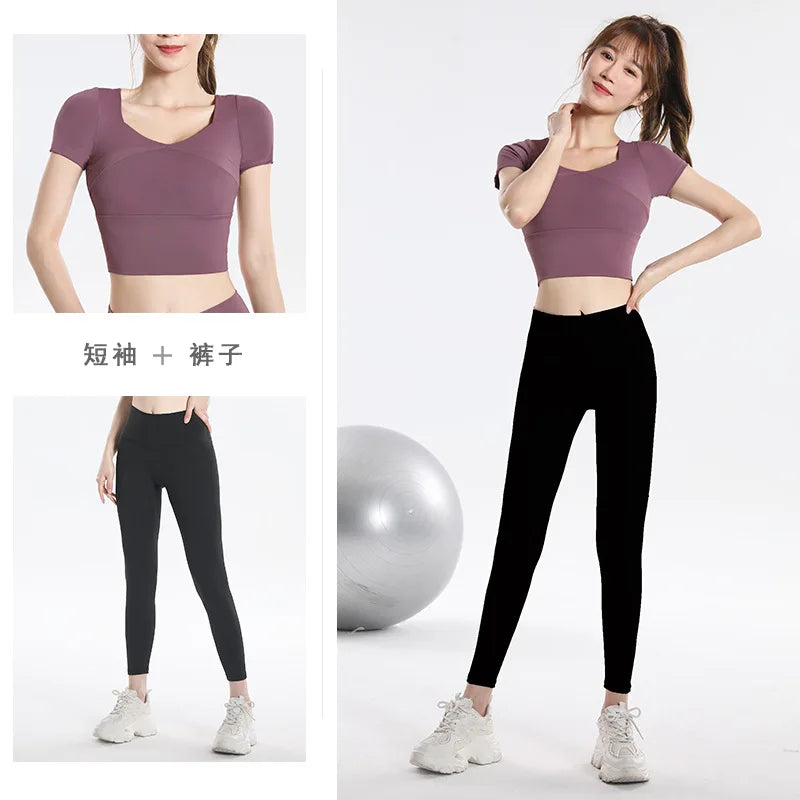 Quick Dry Set Sports Top With Built-In Bra Plus Size 2026 New Yoga Short Sleeve Morning Run Fitness Workout for women