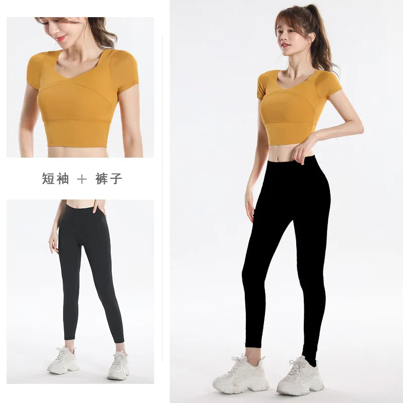 Quick Dry Set Sports Top With Built-In Bra Plus Size 2026 New Yoga Short Sleeve Morning Run Fitness Workout for women