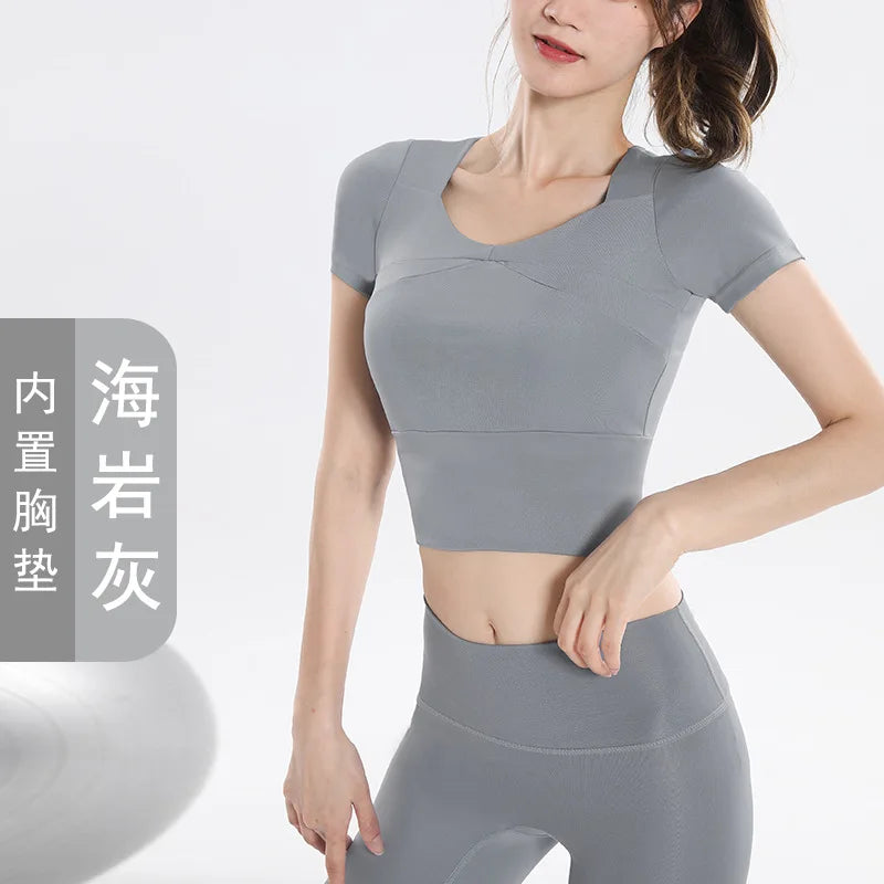 Quick Dry Set Sports Top With Built-In Bra Plus Size 2026 New Yoga Short Sleeve Morning Run Fitness Workout for women