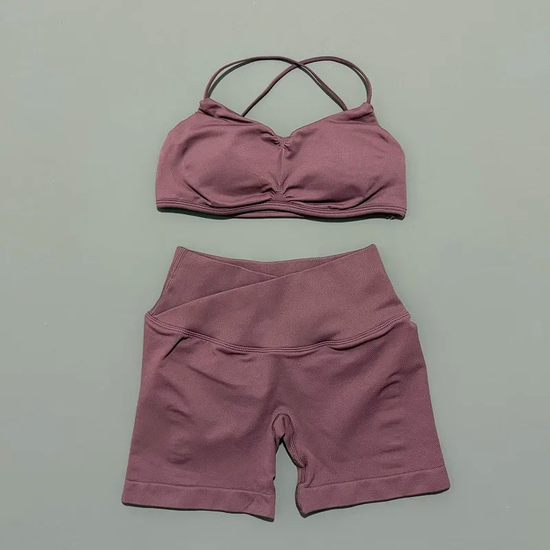 2 Piece Vision Gym Set Women Yoga Crop Top High Waist Scrunch Seamless Shorts Fitness Bra Sport Suit Sportswear Workout Set