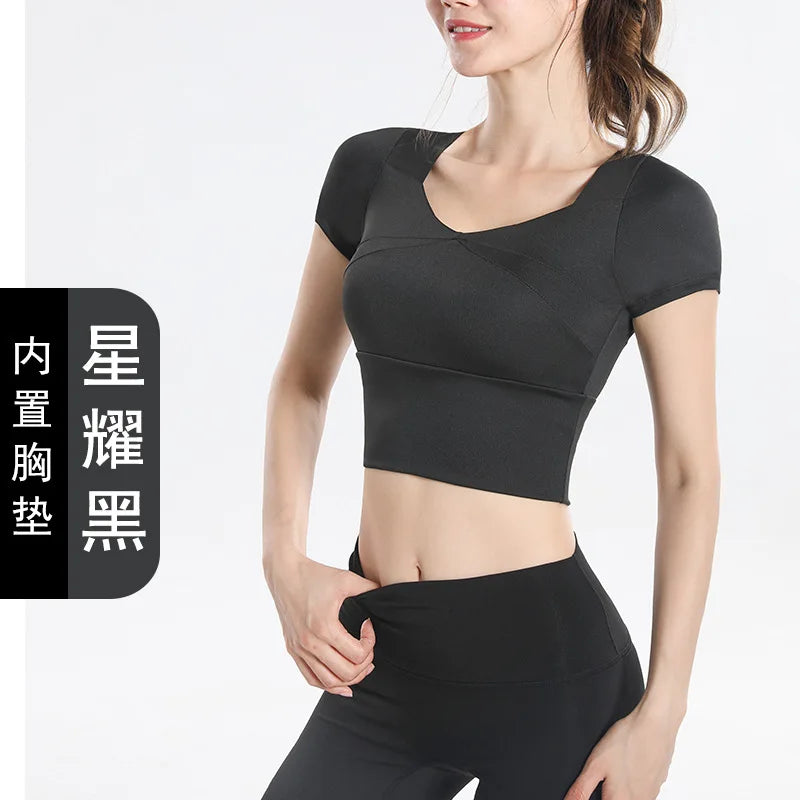Quick Dry Set Sports Top With Built-In Bra Plus Size 2026 New Yoga Short Sleeve Morning Run Fitness Workout for women