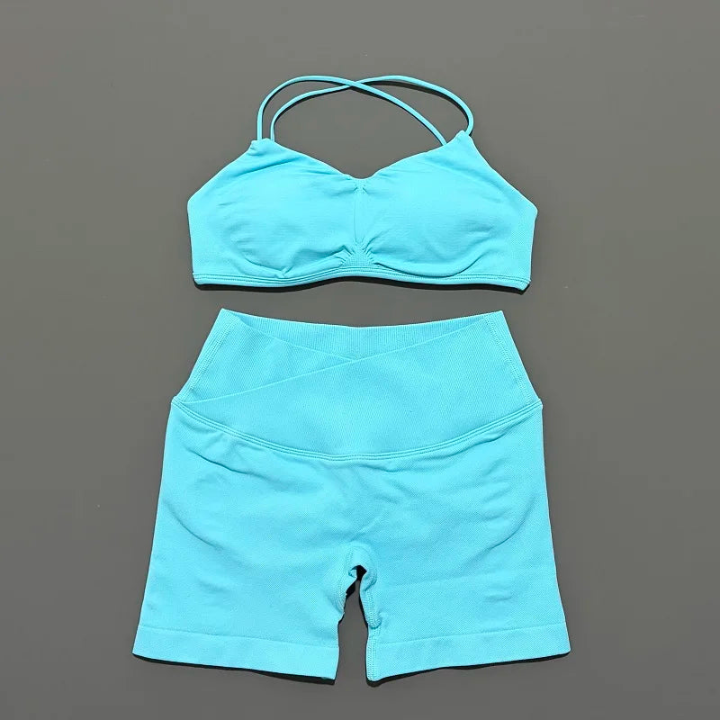 2 Piece Vision Gym Set Women Yoga Crop Top High Waist Scrunch Seamless Shorts Fitness Bra Sport Suit Sportswear Workout Set