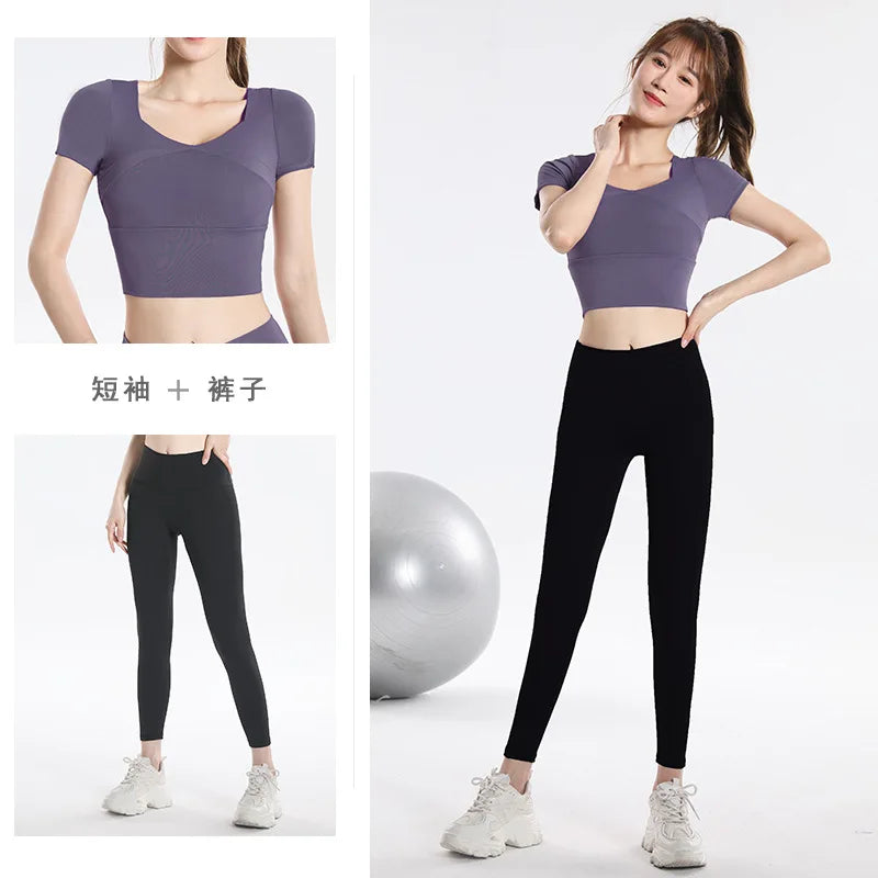 Quick Dry Set Sports Top With Built-In Bra Plus Size 2026 New Yoga Short Sleeve Morning Run Fitness Workout for women