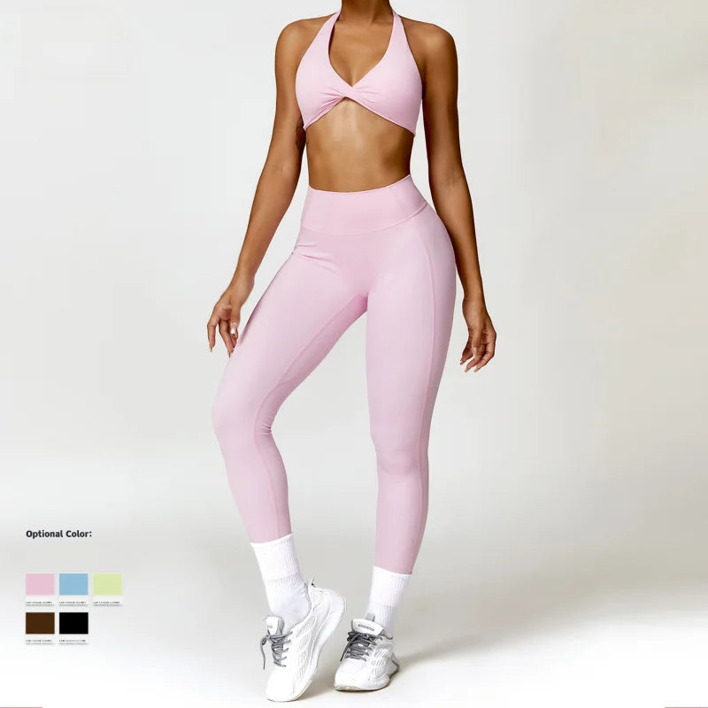 FUBEIKE 2 Pieces Set Pink Women's Underwear Seamless Women Panties Yoga Suits Beauty Back Quick-Drying Running Workout Clothes