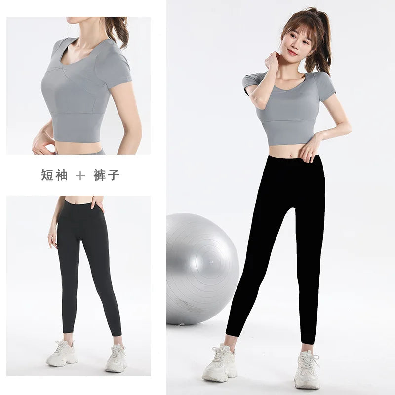 Quick Dry Set Sports Top With Built-In Bra Plus Size 2026 New Yoga Short Sleeve Morning Run Fitness Workout for women