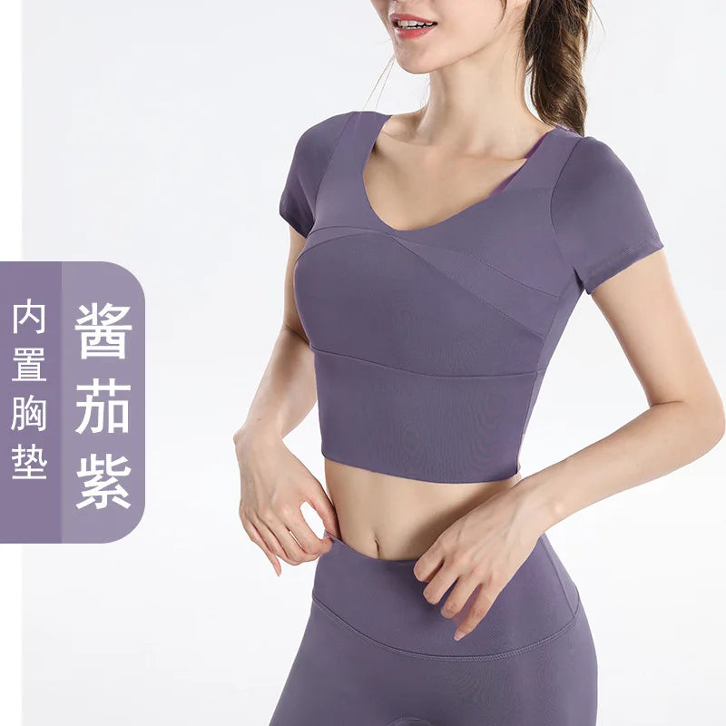 Quick Dry Set Sports Top With Built-In Bra Plus Size 2026 New Yoga Short Sleeve Morning Run Fitness Workout for women
