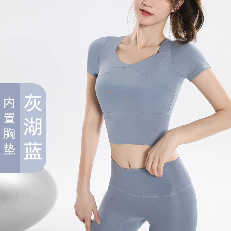 Quick Dry Set Sports Top With Built-In Bra Plus Size 2026 New Yoga Short Sleeve Morning Run Fitness Workout for women