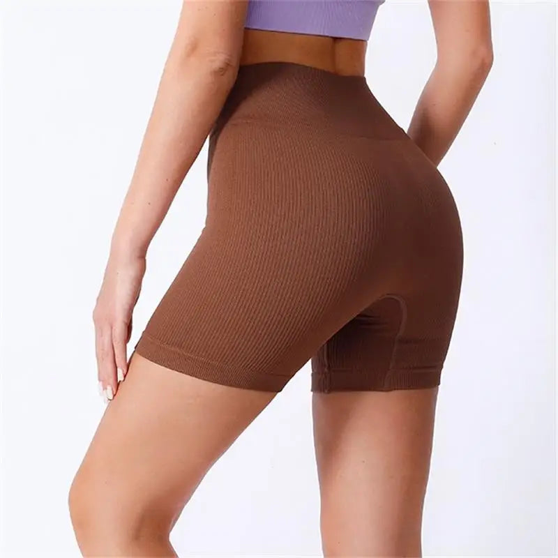 High-waisted Yoga Pant For Women, Summer Designed To Lift And Shape, Tight-fitting With Solid Color And Ribbed Texture, Sports Shorts
