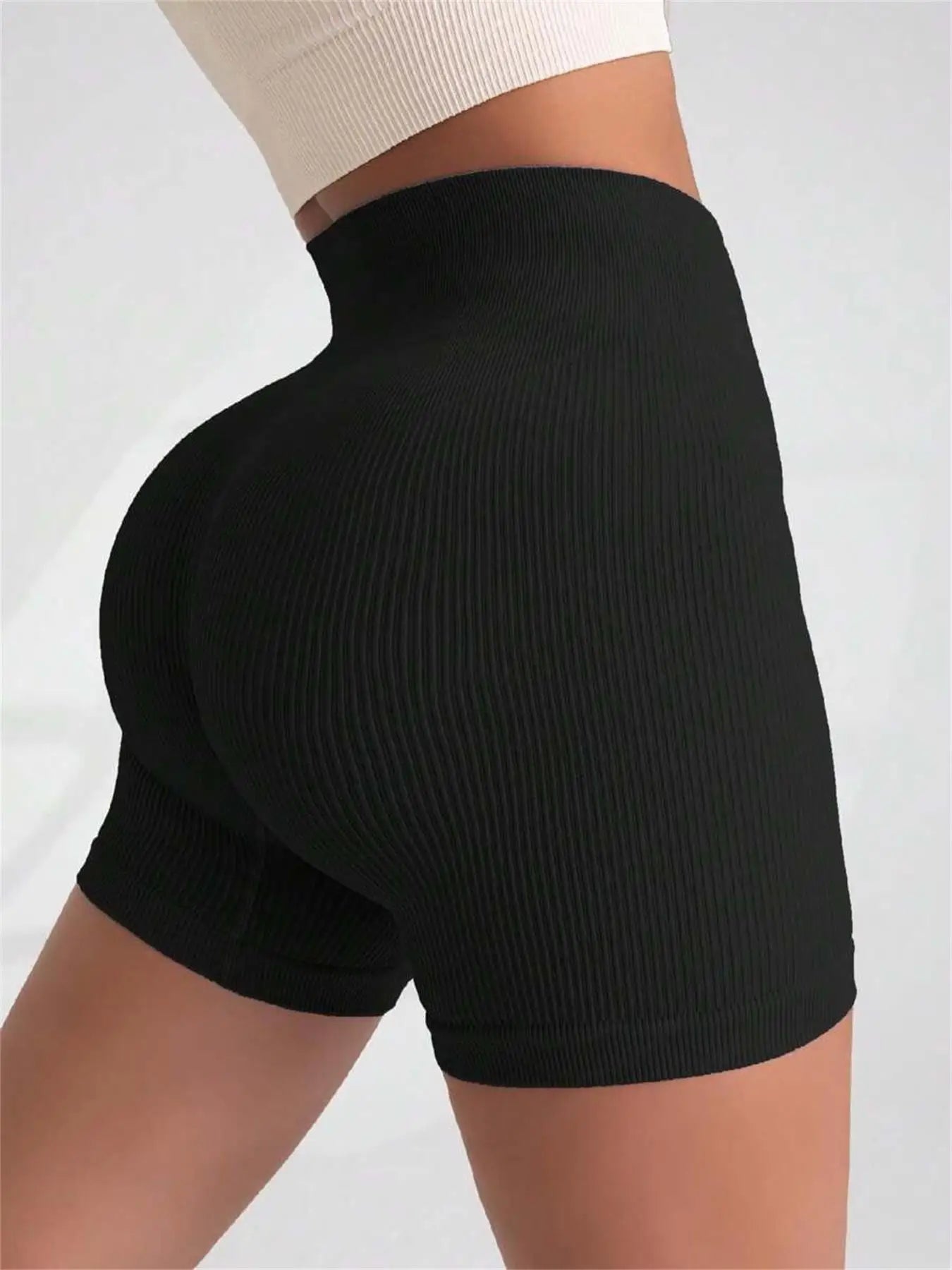 High-waisted Yoga Pant For Women, Summer Designed To Lift And Shape, Tight-fitting With Solid Color And Ribbed Texture, Sports Shorts