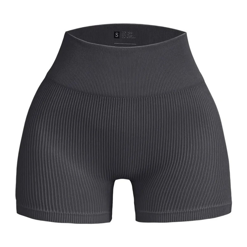 High-waisted Yoga Pant For Women, Summer Designed To Lift And Shape, Tight-fitting With Solid Color And Ribbed Texture, Sports Shorts