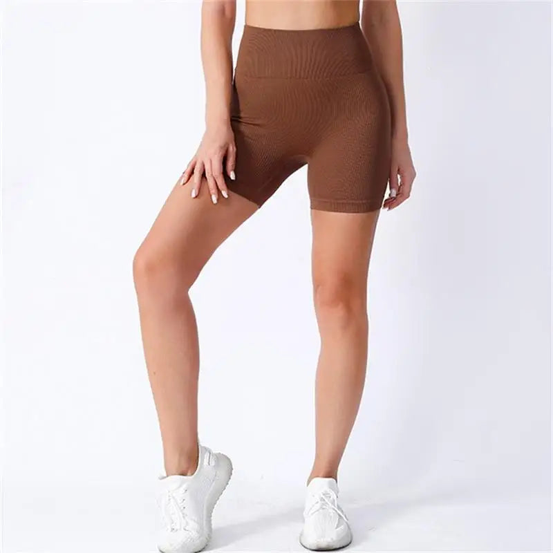 High-waisted Yoga Pant For Women, Summer Designed To Lift And Shape, Tight-fitting With Solid Color And Ribbed Texture, Sports Shorts
