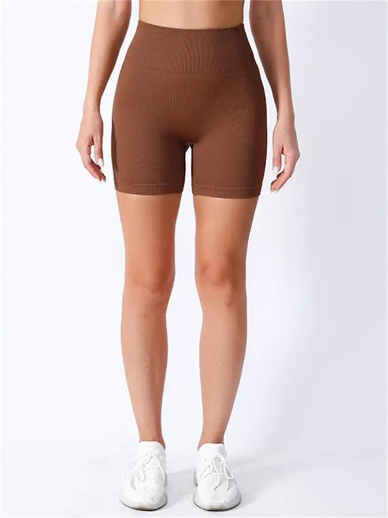 High-waisted Yoga Pant For Women, Summer Designed To Lift And Shape, Tight-fitting With Solid Color And Ribbed Texture, Sports Shorts