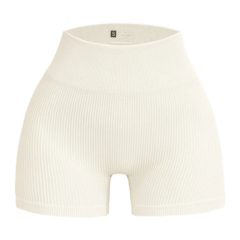 High-waisted Yoga Pant For Women, Summer Designed To Lift And Shape, Tight-fitting With Solid Color And Ribbed Texture, Sports Shorts