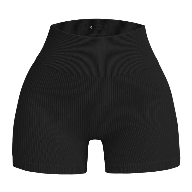 High-waisted Yoga Pant For Women, Summer Designed To Lift And Shape, Tight-fitting With Solid Color And Ribbed Texture, Sports Shorts