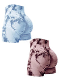 2PCS Tie Dye Butt Lifting Sexy Gym Shorts Woman Skinny Stretch High Waist Sport Shorts Casual Seamless Scrunch Butt