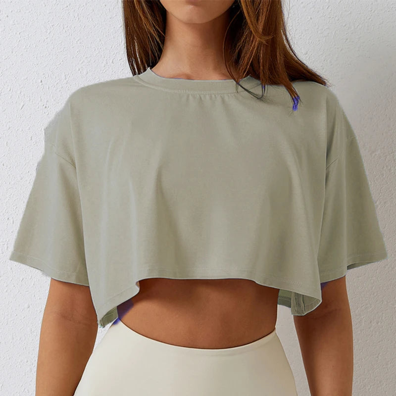 Cotton Women Short Sleeve Dance Running Clothes Yoga Fitness Crop Top  Navel Baring New Sport T-shirt Loose Gym Workout Shirts