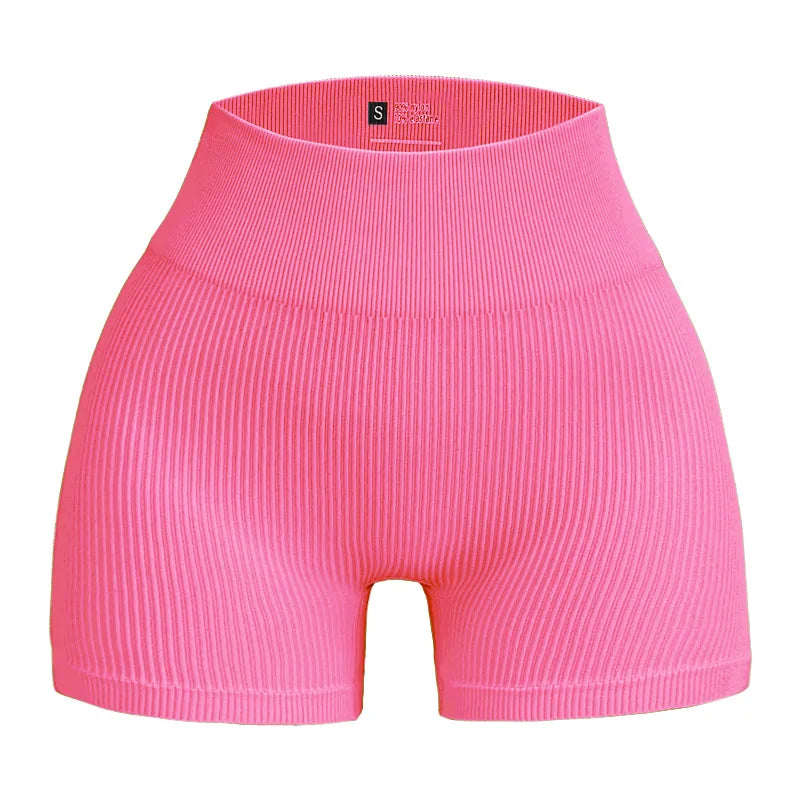 High-waisted Yoga Pant For Women, Summer Designed To Lift And Shape, Tight-fitting With Solid Color And Ribbed Texture, Sports Shorts