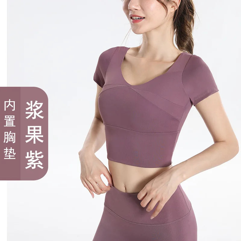 Quick Dry Set Sports Top With Built-In Bra Plus Size 2026 New Yoga Short Sleeve Morning Run Fitness Workout for women