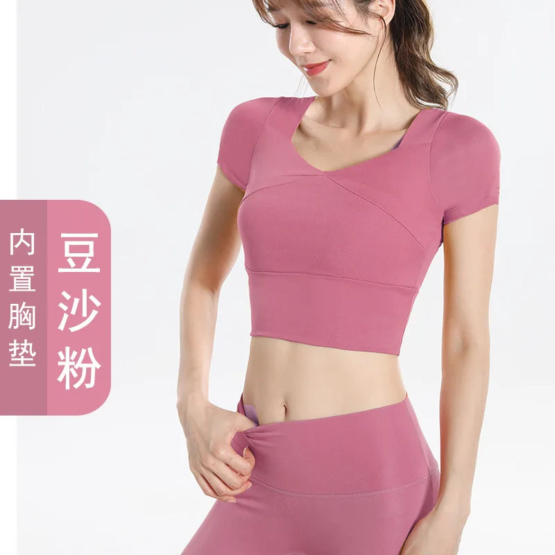 Quick Dry Set Sports Top With Built-In Bra Plus Size 2026 New Yoga Short Sleeve Morning Run Fitness Workout for women