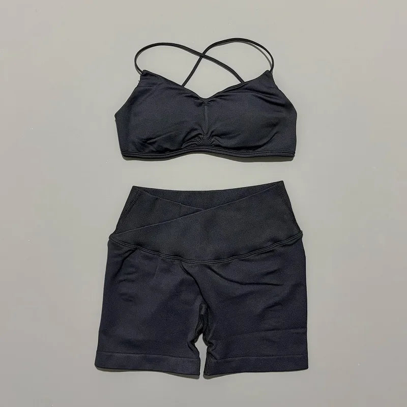 2 Piece Vision Gym Set Women Yoga Crop Top High Waist Scrunch Seamless Shorts Fitness Bra Sport Suit Sportswear Workout Set